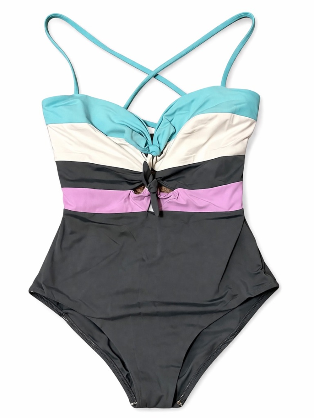 BECCA Black and Teal Swimwear with Gold Logo Tag